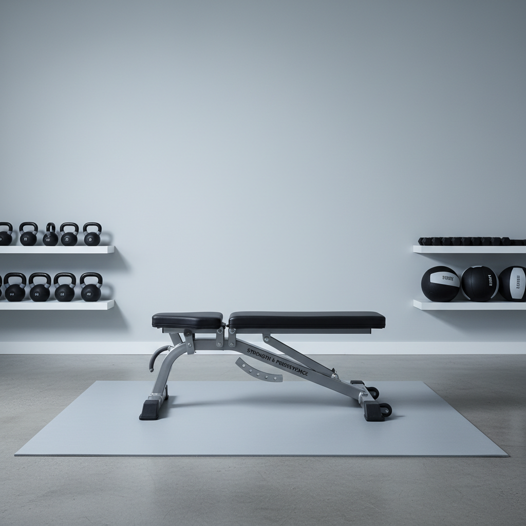 A minimalist gym setting featuring a professional-grade, adjustable weight bench with a sleek graphite vinyl cover and brushed steel frame. The bench is placed precisely on a spotless grey rubber mat, surrounded by neatly stacked monochrome kettlebells and medicine balls along a tidy wall shelf. Cool, even studio lighting from above casts soft, refined shadows and brings out the clarity of the materials. The mood is calm and disciplined, emphasizing precision and resilience. Photographed at eye-level with a central, balanced composition, the image radiates a contemporary, corporate feel fitting for a premium personal training business focused on strength and perseverance.