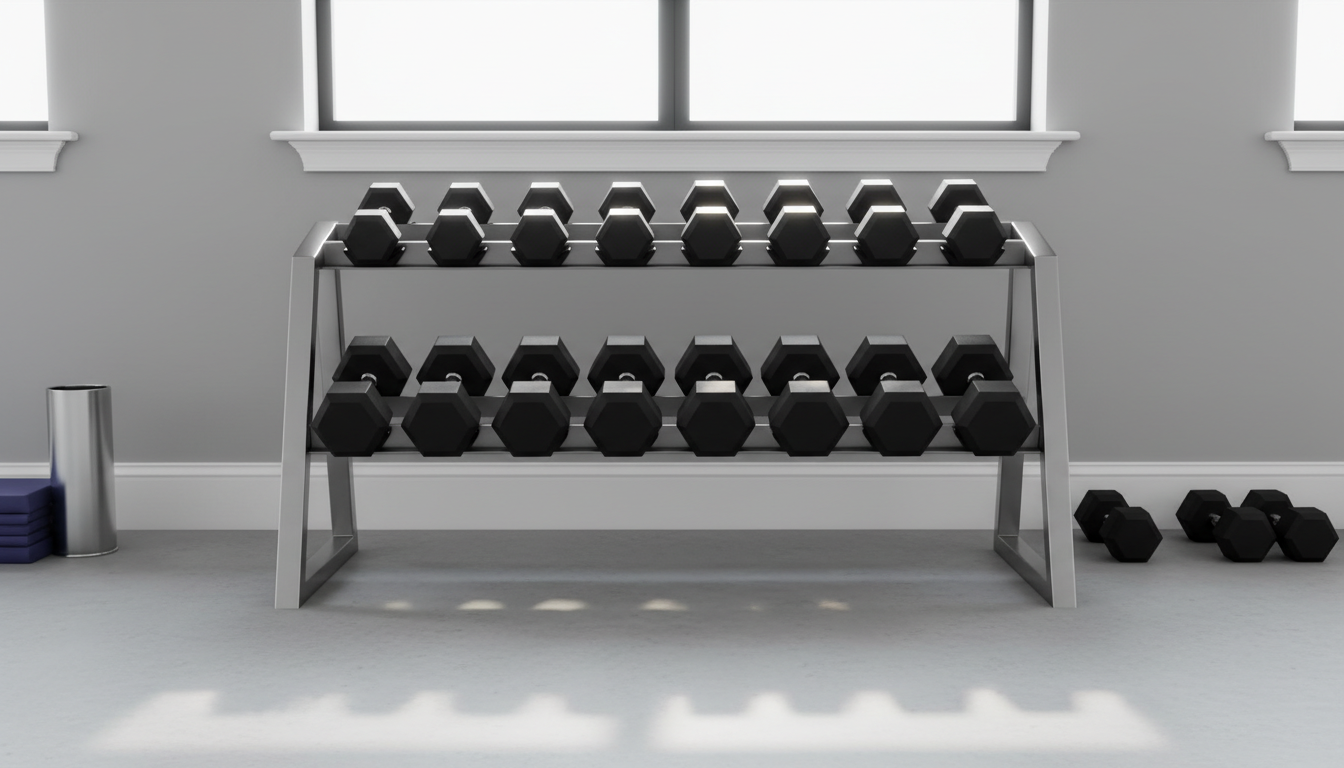 A set of premium black hexagonal dumbbells, their matte rubber coating subtly textured and pristine, resting neatly on an industrial-grade steel rack featuring clean geometric lines. The equipment stands against a wall of soft grey with crisp white trim, in a modern workout studio arranged with symmetrical spacing and clutter-free openness. Overhead, soft diffused natural light pours in through large windows, creating gentle highlights along the metal and casting subtle, elongated shadows below. The mood is professional and focused, conveying structured ambition. Shot from a slightly elevated angle with sharp focus throughout, the composition is balanced, structured, and aligned to a photographic realism style that supports a clean, corporate training environment.